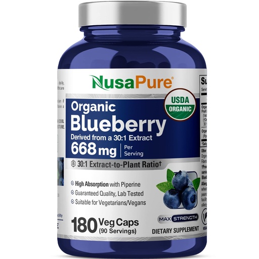 [BRSWGGIQCQHQYELK] NusaPure Organic Blueberry Capsules, 668 mg, 180 Veg Capsules (Non-GMO, Vegan, USDA)