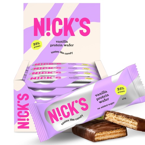 [BRSRMAQECR6WKD3Z] N!CK'S Protein Wafer Bar Vanilla| 25% Protein (10g) 203 Calories | Low Carb Cookie Bar Snack with No Added Sugar, Gluten Free (24 bars x 40g)