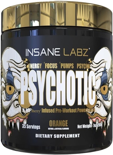 [BRSWGBDQBENQYH3K] Szalony Labz Psychotic Gold, Wysoki Stymulant pre Workout Powder, Extreme Lasting Energy Focus, Pompy i Endurance z Beta Alanine, DMAE Bitartrate, NO Booster (35 Służenie, Pomarańczowy)