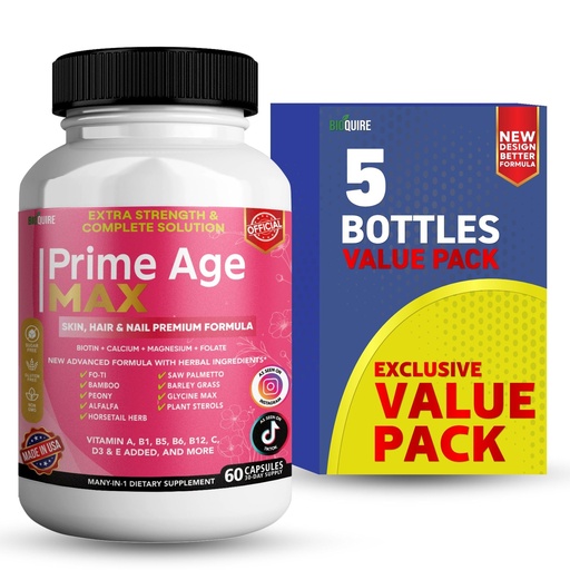 [BRSREBQ6OV5WODTB] Prime Age Max Hair Skin Nails Supplement, 60 Capsules, Biotin, Vitamins A B C D E, Herbal Blend, 30 Day Supply (5)