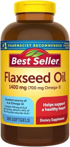 [BRSRGCYYAECBOEI2] Flaxseed Oil Softgels 1400 mg, 300 Count – Plant-Based Omega Fatty Acids (ALA), Easy-to-Swallow Capsules, Daily Nutritional Support