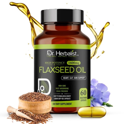 [BRSRAGL3AUPGOFIY] Dr. HERBALIST Flaxseed Oil Capsules 1600mg - Linum usitatissimum with Alpha-linolenic Acid (ALA Omega-3) Supports Heart-Healthy Omega-3 Intake & Skin & Hair Wellness* Halal 60ct