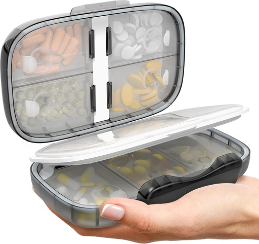 [BRSROHYYAUAWKFY6] Travel Pill Organizer - Airtight Medicine Case for Traveling Portable Pharmacy Box with Labels Vitamin Container 8 Compartment Supplement Medication Holder Large Capacity Daily (Black-2)
