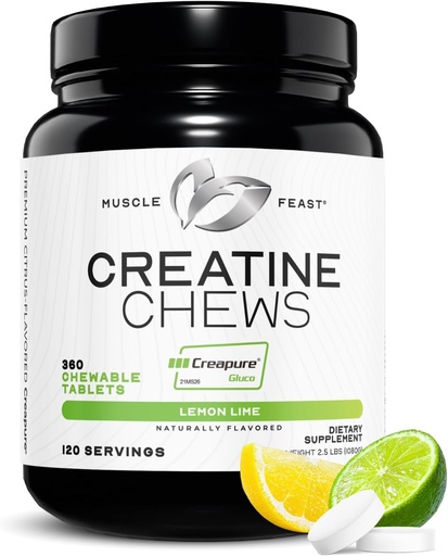 [BRSW2GL5BYPWGCQV] Muscle Feast Creatine Monohydrate Chewables - Vegan &amp; Gluten-Free Creapure Creatine Chews for Men &amp; Women - Delicious Citrus-Flavored Creatine Tablets for Muscle Building - Lemon Lime, 360 Tabs