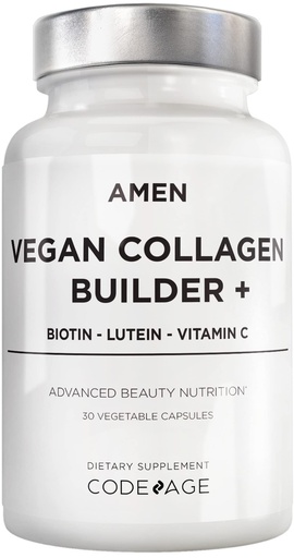 [BRSWGBI6OEBQGHYU] Amen Plant-Based Vegan Collagen Builder Supplement - Organic Whole Foods, Lutein, Vitamin C, Biotin, Lysine, Proline Collagen Boosters - Organic Cranberry, Lemon, Strawberry - Once A Day - 30 Capsules