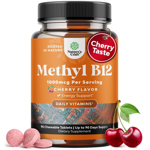 [BRSWYZ35BYDR43AV] Chewable B12 Vitamin 1000mcg - Vitamin B12 for Brain Function & Energy - Uplift Mood with Methylcobalamin - Bone & Eye Health - Supports Mental Clarity & Skin Care - Cherry Flavor - 60 Count