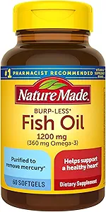 [BRSWIYYOPMIBK23I] Nature Made Burp-Less Fish Oil 1200 mg, 60 Softgels, Fish Oil Omega 3 Supplement For Heart Health (Pack of 3)