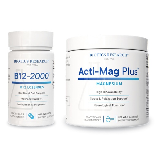 [BRSREAD6A4AQ4233] Biotics Research B12-2000™ Lozenges & Acti-Mag Plus™ Powder – High Potency Vitamin B12, B6, Folate & 400mg Magnesium – Methylation, Energy, Relaxation, Heart & Muscle Support - 60 Lozenges + 7 oz