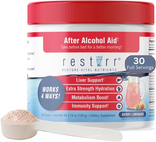 [BRSRAAYFBV5GKGT7] restirr After Alcohol Aid & Recovery: Supports Liver Health, Boosts Metabolism and Supports The Immune System with DHM, Milk Thistle, B-Complex, Hydration. 30 Doses