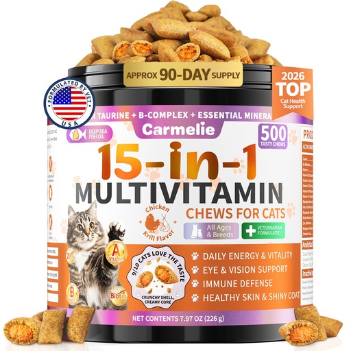 [BRSRGZTRCEHROCTA] Taurine for Cats Vitamins Treats, 15 in 1 Cat Multivitamin Support Joint, Skin Coat, Digestion, Immunity & Energy, 500 Crunchy & Creamy Chews with Essential Vitamin for Cats All Ages (90-Day Supply)