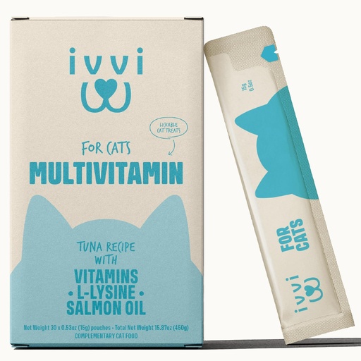 [BRSREGDRAR6A22T5] ivvi Multivitamin for Cats - Creamy Lickable Cat Supplement with Tuna, Vitamins, L-Lysine, Taurine & Salmon Oil - Daily Cat Wellness Support - 30 Pouches x 15 g