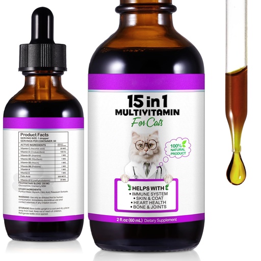 [BRSRAAQCBZ5WGAY6] Liquid Multivitamin for Cat, 15 in 1 Cats Multivitamin Liquid Drops Supplements for Skin & Coat, Heart Health, Bones and Joint, Cat Vitamins with Glucosamine and MSM, Immune System Support -60ml