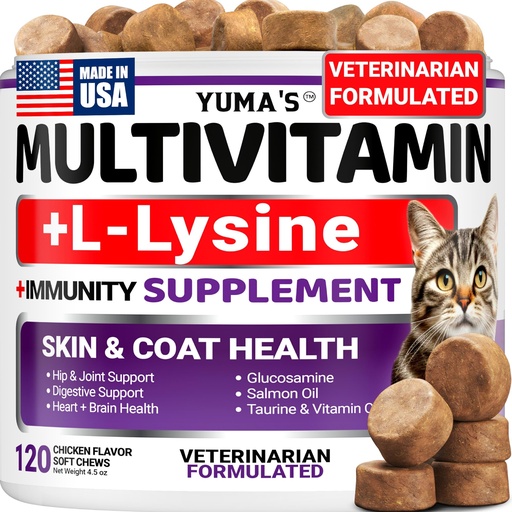 [BRSREHT4DIMWKAL3] Cat Multivitamin Chews - Cat Vitamins and Supplements - Taurine & Lysine for Cats - Omega-3, Glucosamine, Cranberry - Skin & Coat, Hip & Joint Support - Immune Health, Skin, Heart, Digestion