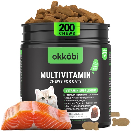 [BRSREEAOOIMGADQY] Cat Vitamins for Indoor & Outdoor Pets - 200 Chews - Healthy Cat Treats - Immune, Joint Support, Skin & Digestion - Multivitamin with Omega 3s, Glucosamine & Probiotics
