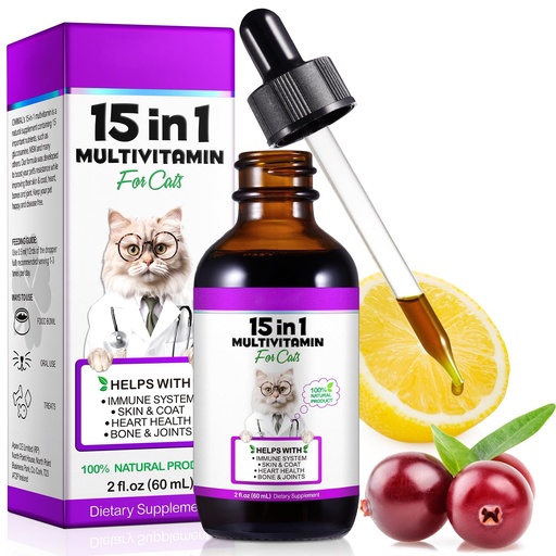 [BRSREFDQBZ6AGALV] Cat Multivitamin, 15 in 1 Cat Vitamins Liquid Drops, Supports Immune Health, Promotes Joint, Skin and Coat Health, Cats Vitamin and Supplements with Glucosamine & Cranberry 2 fl oz