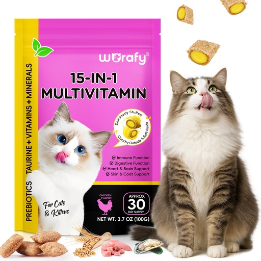 [BRSRGYAQOEHWGYDU] Cat Vitamins with Taurine, 15-in-1 Multivitamin Chews with Omega-3s & Prebiotics, Taurine for Immune, Heart & Joint Health, Supports Skin, Coat & Digestion, Cat Grass Treats for Cats & Kittens
