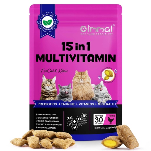 [BRSREBAPCMGRYA3Z] Cat Vitamins Treats, 15 in 1 Cat Multivitamin Chews Vitamins with Taurine, Omega-3s Fatty Acids, Prebiotics for Health, Bones, Joint, Skin & Coat, Digestion, Immune Support, (30 Day Supply)