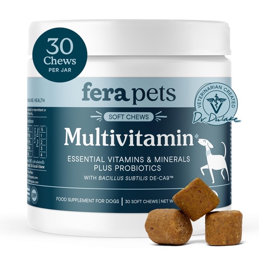 [BRSREAQZCEPQMA3H] Fera Pets Dog Multivitamin Chews with Glucosamine and Probiotics - Essential Dog Vitamins & Minerals - Promotes Healthy Digestion & Joints - Boosts Skin & Coat Health with Omega-3s - 30 Soft Chews