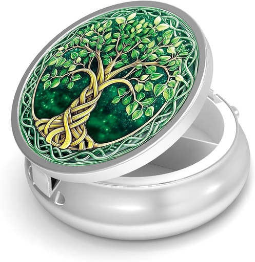 [BRSRAAITDMHGEFYY] Pill Box-3 Compartment Small Pill Case for Purse &amp; Pocket Mini Metal Pill Holder Travel Pill Container to Hold Supplements Vitamins BPA-Free (Tree of Life)