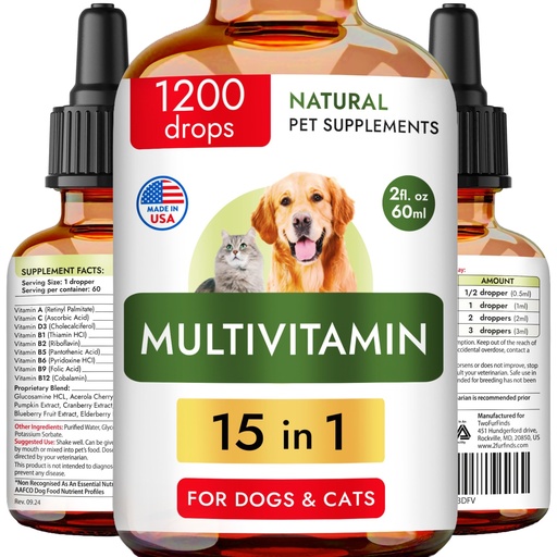 [BRSRA237CMNA2AA3] 15-in-1 Liquid Multivitamin for Dogs & Cats - Glucosamine for Dogs, Cranberry, Vitamin B Complex - Balanced Ingredients for Joint, Digestive, Immune, Skin & Coat and UTI Support - US Made - 2.0Fl Oz