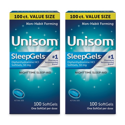 [BRSRABD2DIIR6ALZ] Unisom Nighttime Sleep-Aid Gels, Diphenhydramine HCI, 100 Count (Pack of 2)