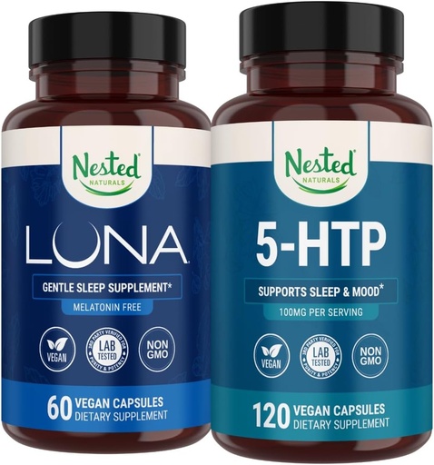 [BRSROCAQDF5AIYDH] Nested Naturals Luna Melatonin-Free Sleep Supplement (60 Vegan Capsules) & 5-HTP 100mg (120 Vegan Capsules) for Improved Sleep, Relaxation & Mood