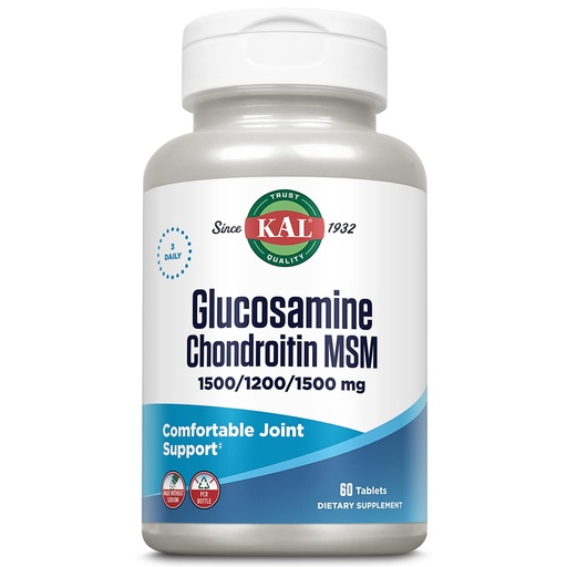 [BRSWIYT3PMMRGGDI] KAL Glucosamine Chondroitin MSM, Joint Support Supplement for Women and Men, 1500mg Glucosamine Sulfate, 1200mg Chondroitin, 1500mg MSM, Rapid Disintegration, 60-Day Guarantee, 20 Servings, 60 Tablets