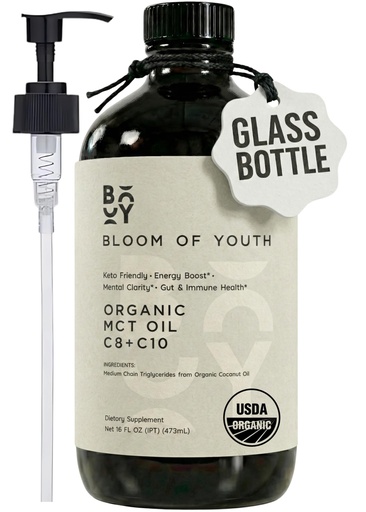 [BRSRGBAEBYMRSCQ7] Bloom of Youth Pure MCT oil C8 + C10 | Glass Bottle 16oz - From 100% Organic Coconuts USDA Organic - Lab Tested for Quality and Purity - Keto Supplement for Brain & Body | Add to Coffee or Shakes
