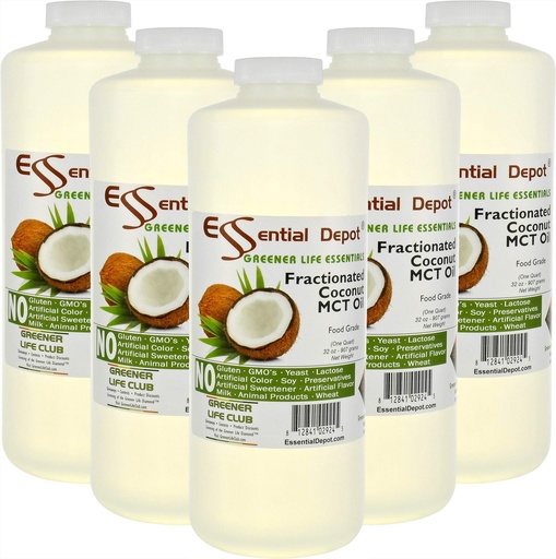 [BRSWYATQCIFQ2G37] Coconut Oil - Fractionated - MCT (medium-chain triglycerides) - 5 x 1-Quart (32 oz) - liquid - Food Grade - Safety Sealed Resealable HDPE Container, Microwave Safe (remove foil seal), Freezer Safe