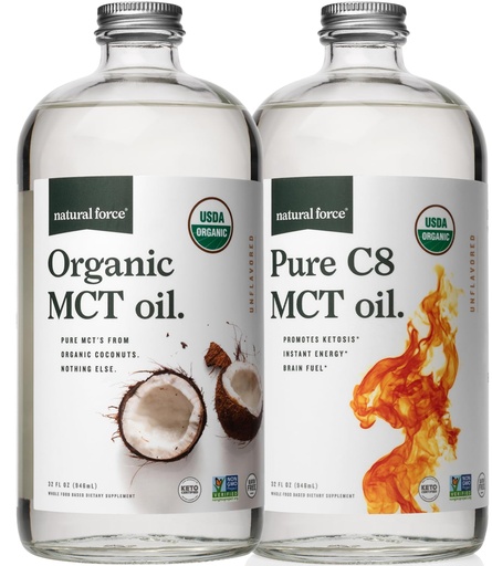 [BRSWYHT2CUNQGCA6] Natural Force Organic Pure C8 + Organic MCT Oil Bundle – USDA Organic, Non GMO, 100% Pure Coconut MCTs – Keto, Paleo, Vegan, and Kosher - 2X 32 Ounce Glass Bottles