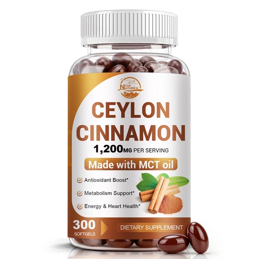 [BRSRGAI7DJ6WYCI4] Nature's live Ceylon Cinnamon Supplement with MCT Oil, 1200mg Max Strength per Serving, Energy & Metabolism Support for Men & Women, Antioxidant and Sugar Monitor Support, Non-GMO, 300 Softgels