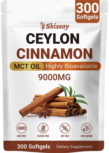 [BRSRGGIHCEJWGET4] Premium Ceylon Cinnamon Softgels with MCT Oil, Energy & Metabolism Support, Antioxidant Boost, Highly Bioavailable Herbal Extract, Non-GMO & Gluten-Free, Vegan Friendly, 300 Softgels
