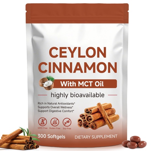 [BRSRGBI5DN6B6ALA] Ceylon Cinnamon Softgels with MCT Oil – Herbal Cinnamon Supplements for Metabolism Support & Digestive Comfort – Non-GMO & Gluten Free – 300 Softgels