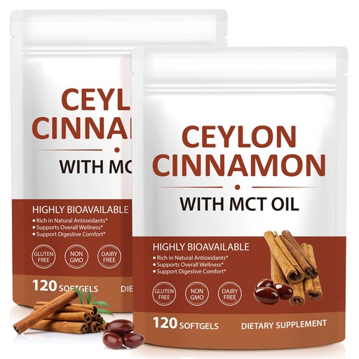 [BRSRGBIFCQAR4ALJ] Ceylon Cinnamon Softgels with MCT Oil 2 Pack - 600mg True Cinnamon Extract Supports Digestive Comfort & Antioxidant – Non-GMO, Gluten-Free – 120 Count