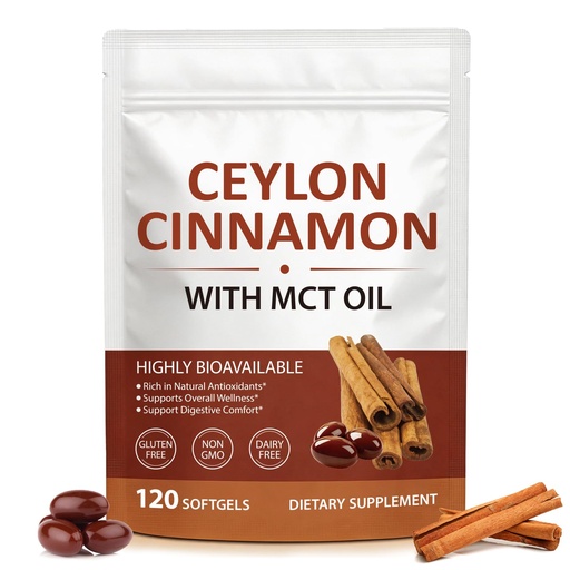 [BRSRGCY3C4PAGHL4] Ceylon Cinnamon Softgels with MCT Oil, Cinnamomum Verum Bark Extract | Cinnamon Supplements for Women & Men| Gluten-Free Non-GMO | Easy to Swallow | 120 Softgels