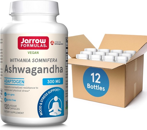[BRSRMAI7AABAEAL5] Jarrow Formulas Ashwagandha 300 mg - 120 Veggie Capsules - Overall Health & Resistance to Fatigue - Supplement Supports Endurance, Muscle Recovery & Cognitive Health - 60 Servings (Pack of 12)
