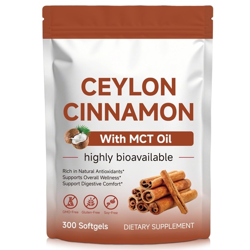 [BRSRGC3RDEOWE3T2] Ceylon Cinnamon Capsules with MCT Oil, 300 Softgels, True Ceylon Cinnamon Supplements for Daily Wellness Support, Non-GMO, Gluten Free, Easy to Swallow for Men and Women