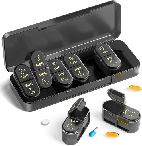 [BRSRAC36DMJW2CAZ] AM & PM Pill Organizer 7 dagen, Weekly Pill Case 2 keer per dag, Pill Box 7 dag, Medicine Pill Organizer voor Reizen, Vitaminen, Visolie, Supplementen