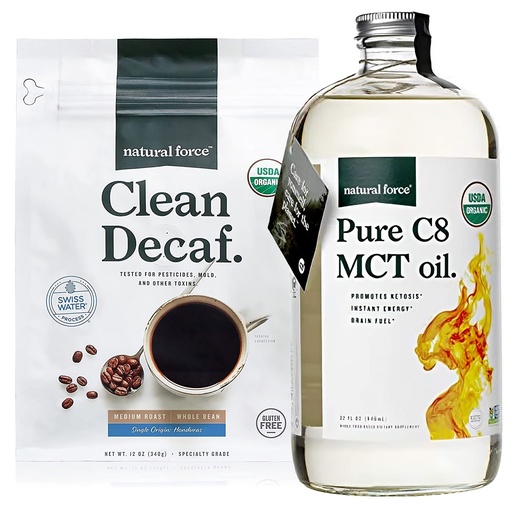 [BRSWYHQPOEJW2HYV] Natural Force Clean Decaf Coffee + Organic Pure C8 MCT Oil Bundle – 100% C8 MCTs & Mold & Mycotoxin Free Coffee – Non-GMO, Keto, Paleo, and Vegan - 12 Oz and 32 Oz
