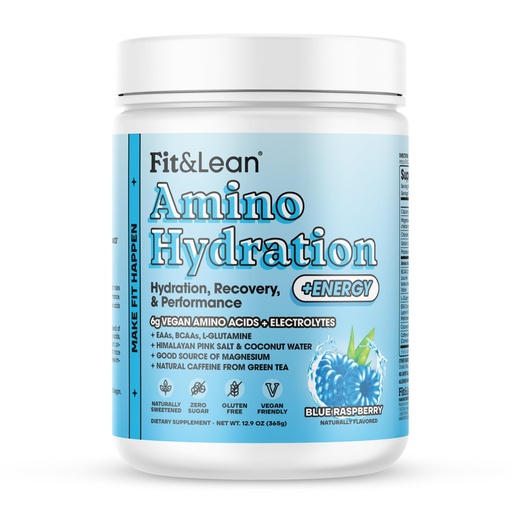 [BRSRACATBEFQYDL4] Fit&Lean Amino Hydration Plus Energy, Pre Workout Powder, 6g Vegan Amino Acids, Essential Amino Acids, EAA, BCAA, Glutamine, Electrolytes & Natural Caffeine, Blue Raspberry, 30 Serve