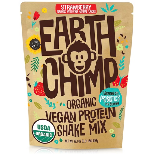 [BRSROGIYOQHBGGTL] EarthChimp Organic Vegan Protein Powder - 26 Servings, 32 Oz - with Probiotics & Digestive Enzymes - Plant Based, Dairy Free, Non GMO, Gluten Free, Gum Free (Strawberry)