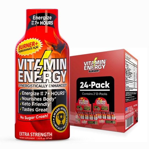 [BRSRE2YLPIHQ4H3P] Vitamin Energy Burner+ Extra Strength Energy Shot Pomegranate Açaí 24 Pack, 260mg Natural Caffeine, 25mg Ketones, Green Tea, EGCG, Metabolism, Endurance, Zero Sugar, Gluten-Free, Vegan, 1.93 fl oz