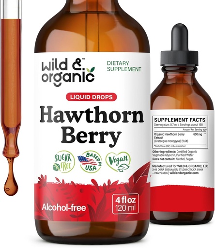 [BRSRAGQFDMAROFIV] Wild & Organic Hawthorn Berry Tincture 600 mg - Liquid Hawthorne Berry Supplement for Overall Support - Vegan, Sugar & Alcohol-Free Fruit Extract Drops - 4 fl oz