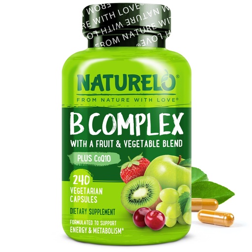 [BRSW2BQKCADWCCI2] NATURELO Vitamin B Complex, 240 Capsules, Vegan, CoQ10, Methyl Folate, Biotin, Fruit & Veg Blend, Supports Energy and Healthy Stress Response, Super B Complex Vitamins for Women and Men
