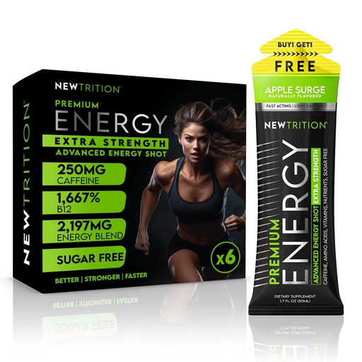 [BRSREGQEBMCGK3IV] NewTrition® Extra Strength Energy Shots, 1.7 fl oz - 250mg Caffeine with Vitamin B & Amino Acids, Sugar-Free, Zero Calorie Vitamin Energy Drink for Focus & Endurance (Pack of 6, Apple Surge)