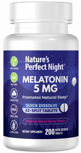 [BRSW2AAYAB5QMFLG] Nature's Perfect Night | Melatonin 5mg | 200 Quick Dissolve Tablets | Natural Mixed Berry Flavor |Preferred Potency | Sugar Free | Vegan | Gluten Free | Value Size