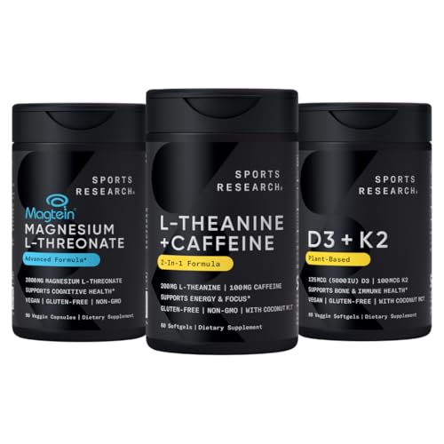 [BRSRAYY7DN7RSH3G] Sports Research® Magtein Magnesium L-Threonate Capsules (2000mg, 90 Capsules), Vegan Vitamin D3 + K2 w/Organic Coconut Oil (5000iu VIT. D 100mcg Mk7 VIT. K, 60 Softgels) and L-Theanine (200mg, 60 ct)