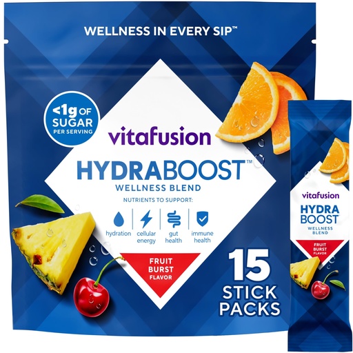 [BRSRGYLRDENQG335] Vitafusion Hydraboost Drink Powder Packets, Electrolytes Support Daily Hydration, Vitamins Support Cellular Energy & Immune Health, Prebiotic Fiber Supports Gut Health, Fruit Burst, 15 Sticks