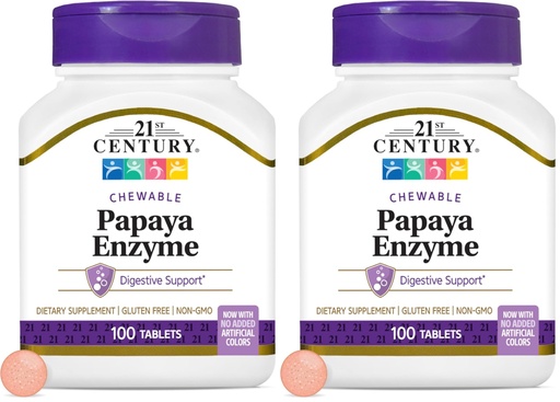 [BRSRAY35DMBQEA3A] 21st Century Papaya Enzyme Chewable (100 Count), Papaya & Pineapple Digestive Enzymes for Gut Health, Tropical Flavor, Non-GMO, Gluten-Free, No Added Salt, Artificial Flavors (Pack of 2)