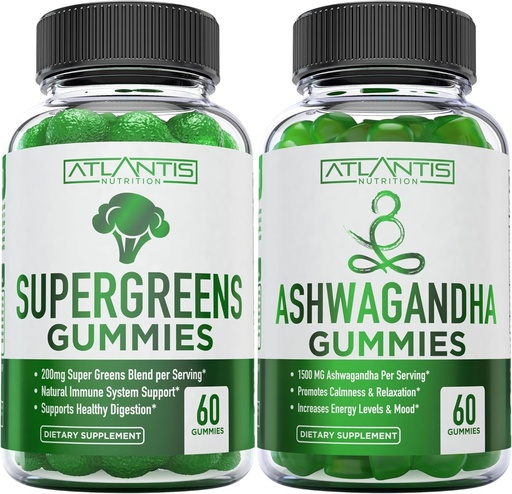 [BRSRMY3YAQIW2C3A] Supergreens & Ashwagandha Gummies - Ashwagandha Promotes Calmness & Enhances The Immune System - Delicious Supergreens With Spinach, Broccoli, Beetroot & Green Tea for Immune Support - 60 Gummies